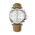 POEDAGAR 859 quartz chronograph watch with white dial, silver case and tan leather strap, front view