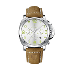 POEDAGAR 859 quartz chronograph watch with white dial, silver case and tan leather strap, front view