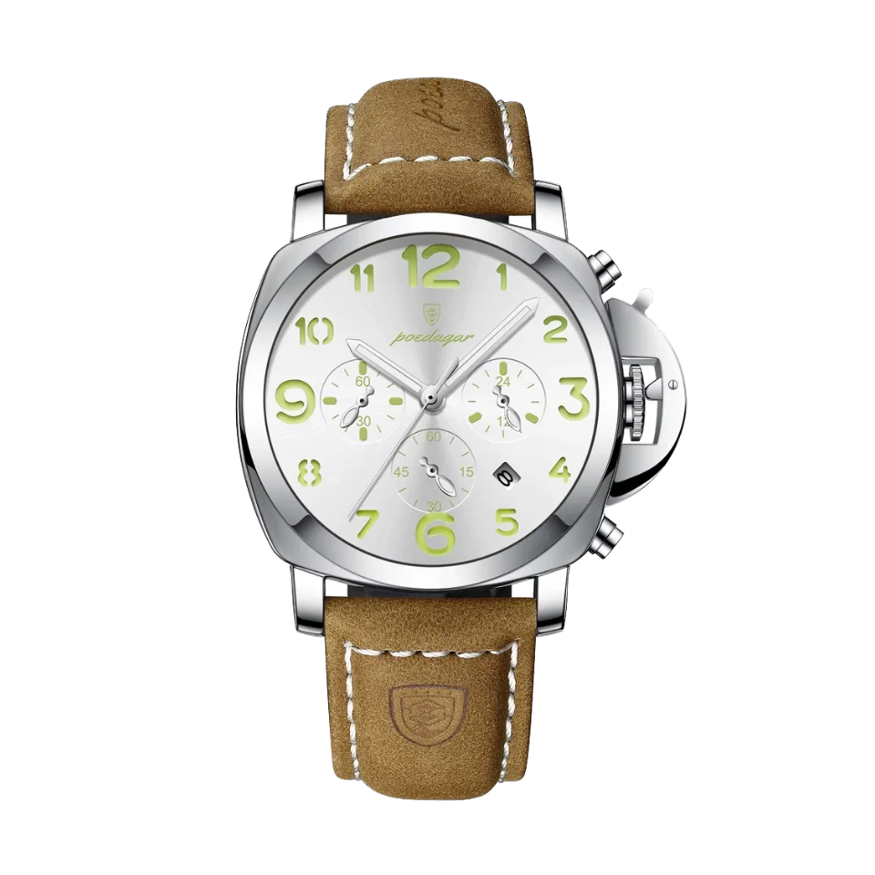 POEDAGAR 859 quartz chronograph watch with white dial, silver case and tan leather strap, front view