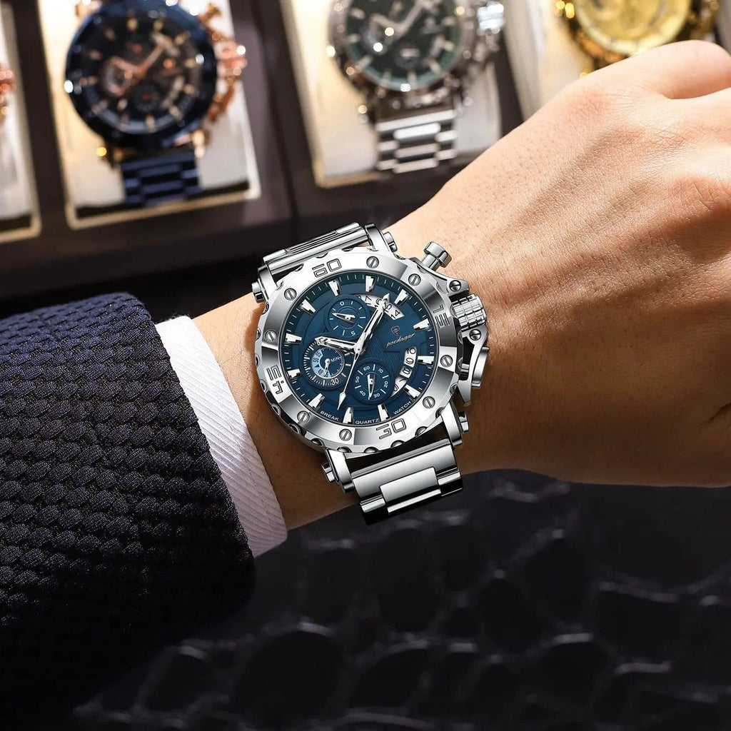 POEDAGAR 892 men's chronograph quartz watch with blue dial worn on wrist near watch display case