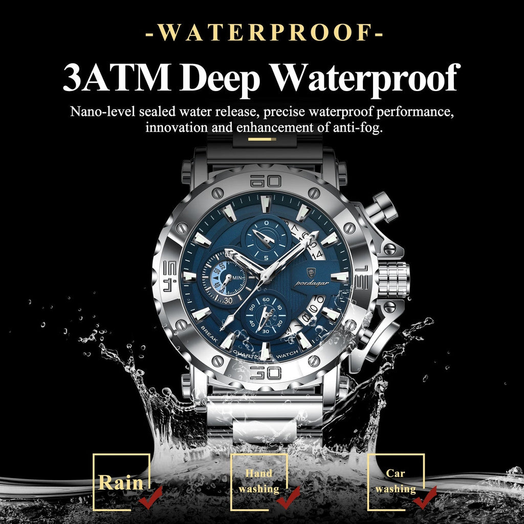 POEDAGAR 892 chronograph quartz watch 3ATM waterproof feature graphic with blue dial in water splash