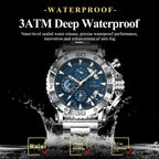 POEDAGAR 892 chronograph quartz watch 3ATM waterproof feature graphic with blue dial in water splash
