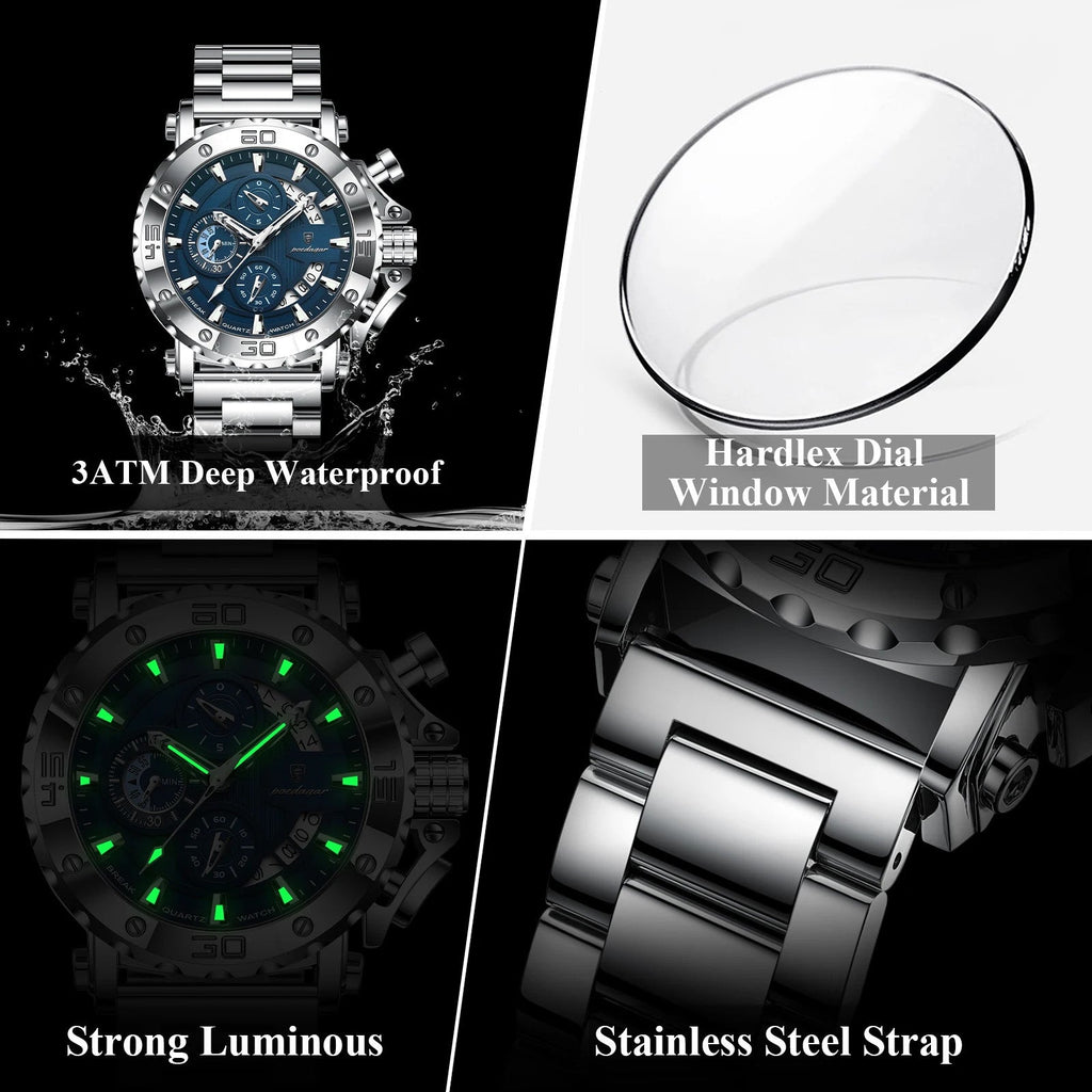 POEDAGAR 892 chronograph quartz watch features graphic with blue dial and stainless steel bracelet