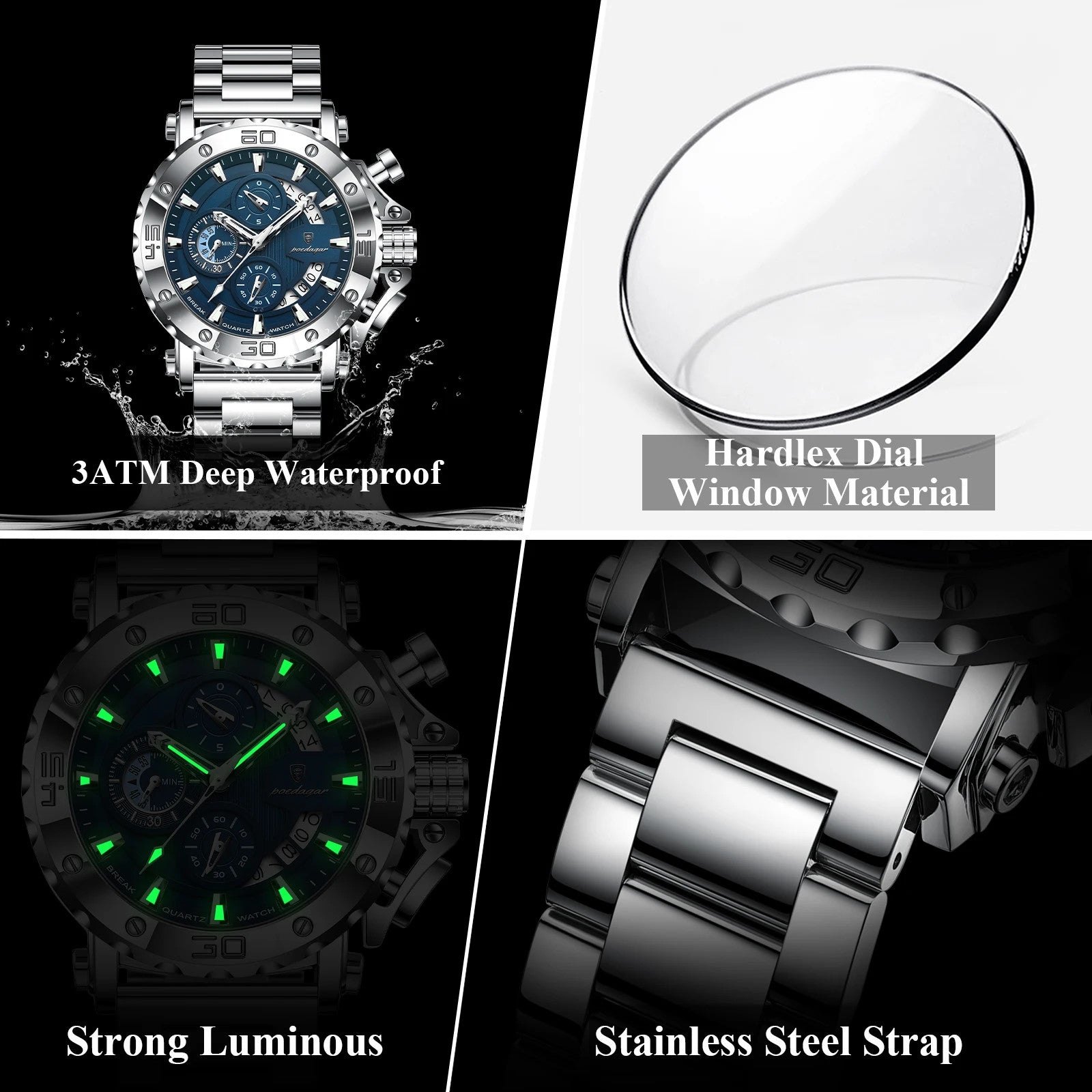 POEDAGAR 892 chronograph quartz watch features graphic with blue dial and stainless steel bracelet
