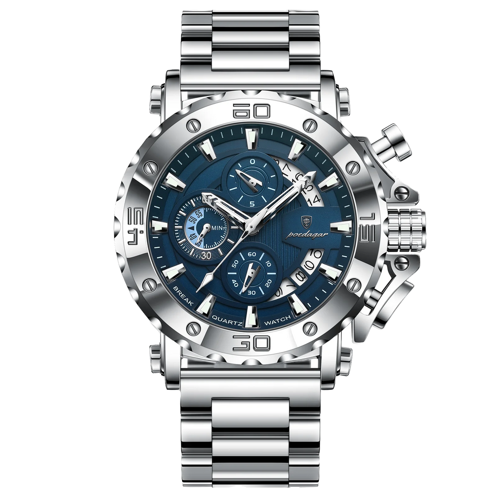 POEDAGAR 892 chronograph quartz watch with blue dial and silver steel bracelet, front view