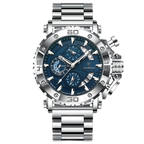 POEDAGAR 892 chronograph quartz watch with blue dial and silver steel bracelet, front view