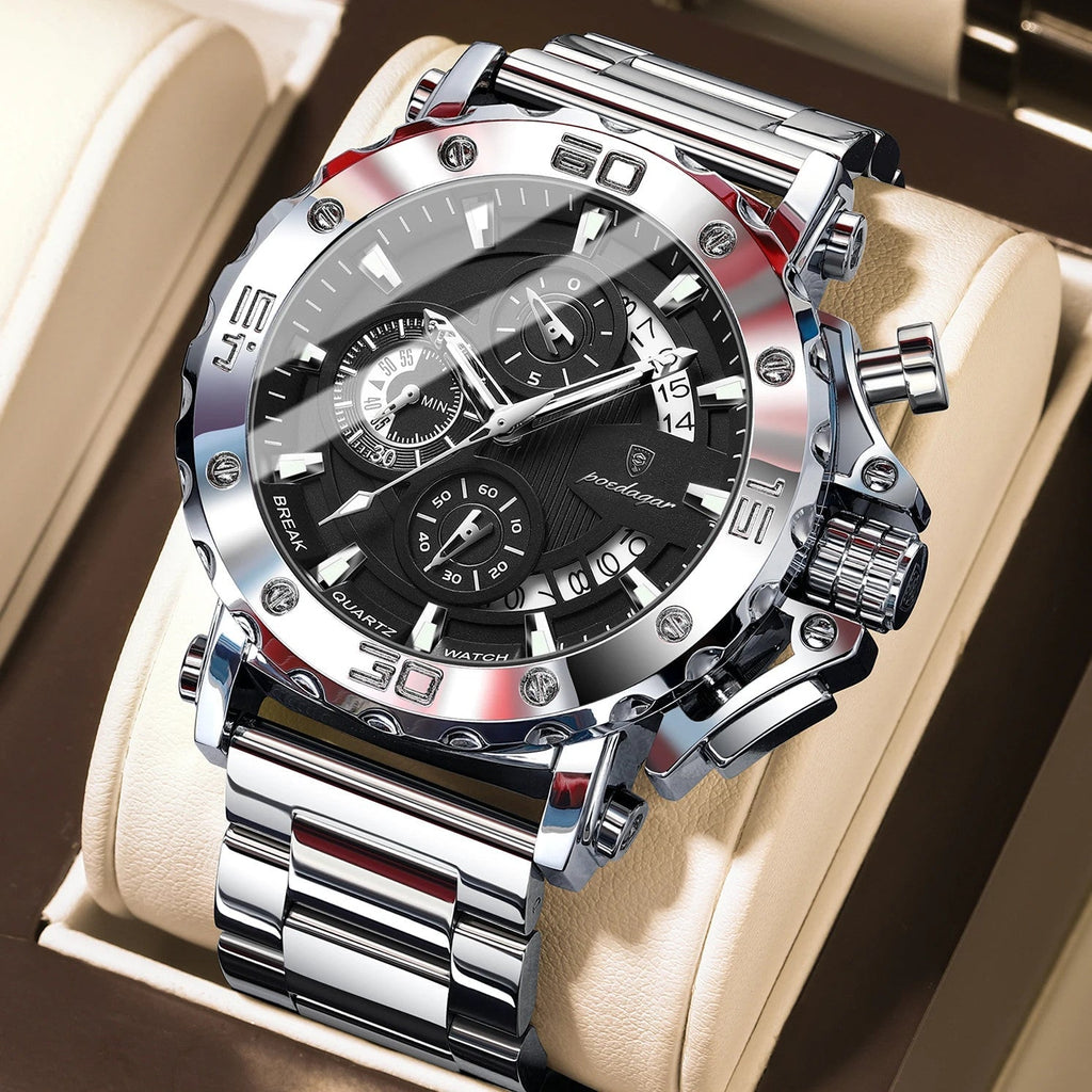 POEDAGAR 892 chronograph watch with black dial and silver stainless steel bracelet front view
