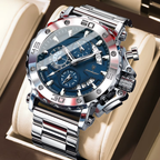 POEDAGAR 892 chronograph watch with blue dial and silver stainless steel bracelet front view
