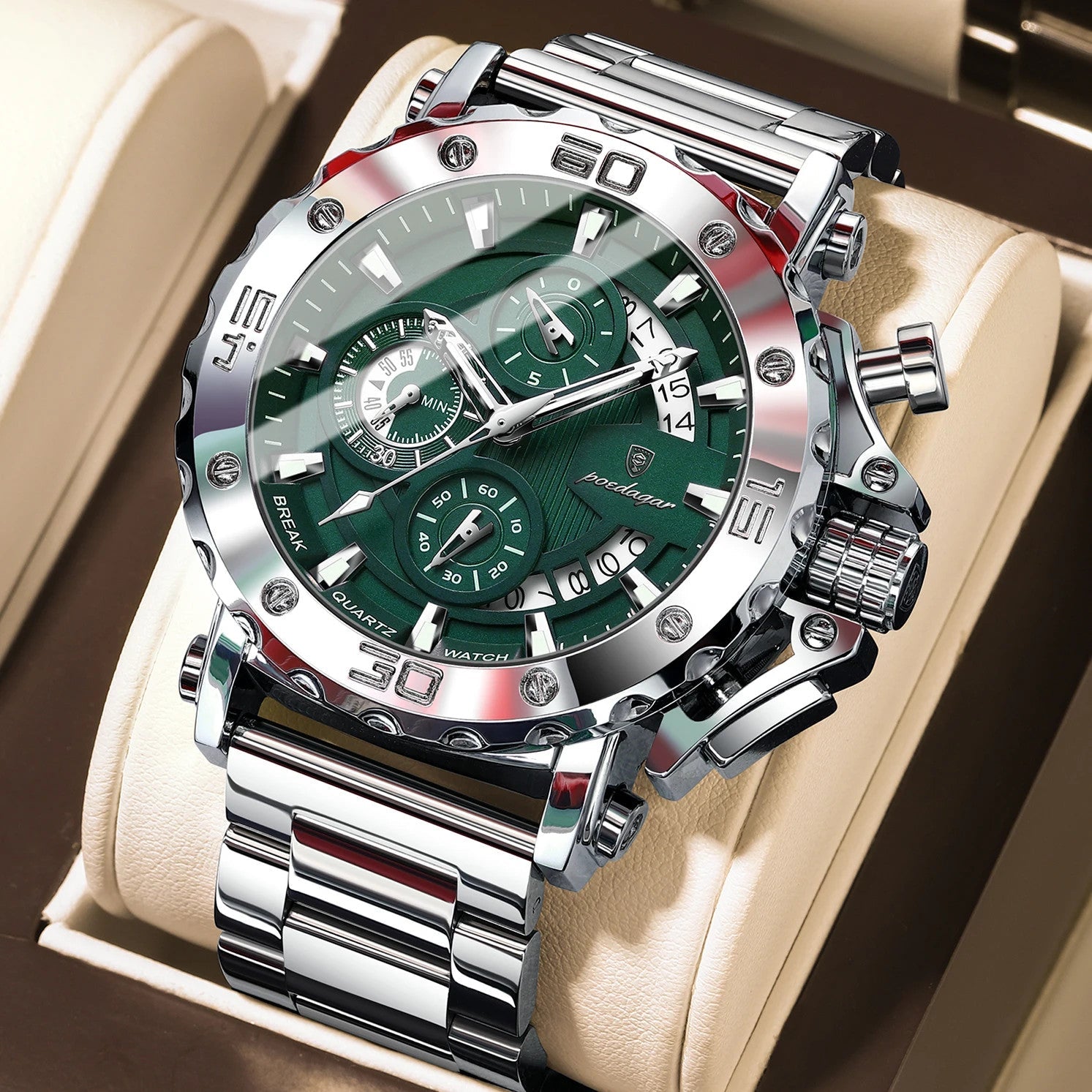 POEDAGAR 892 chronograph watch with green dial and silver stainless steel bracelet front view