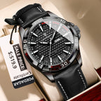 POEDAGAR 895 men's leather sports watch with black dial and black leather strap, front view