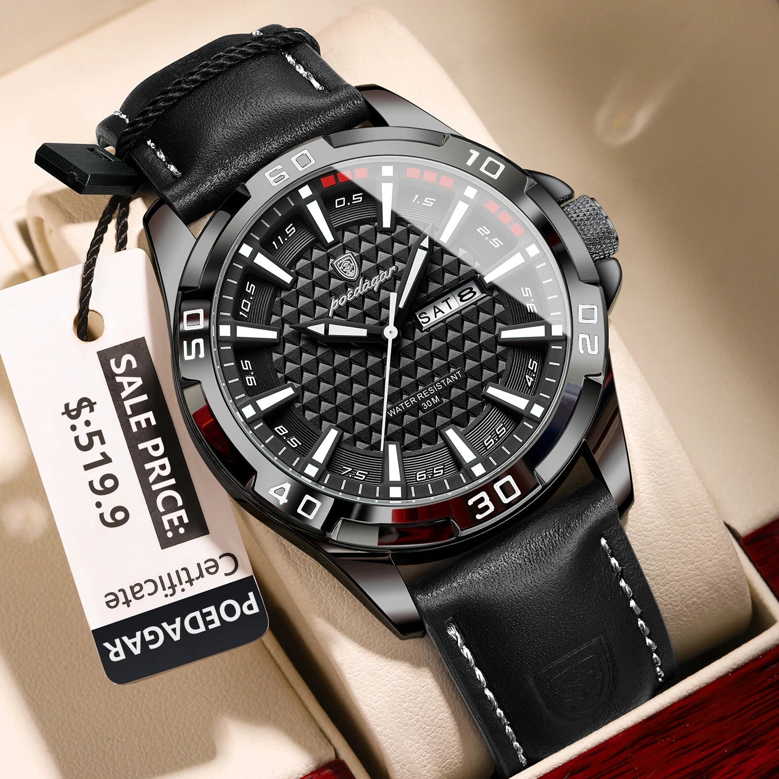POEDAGAR 895 men's leather sports watch with black dial and black leather strap, front view