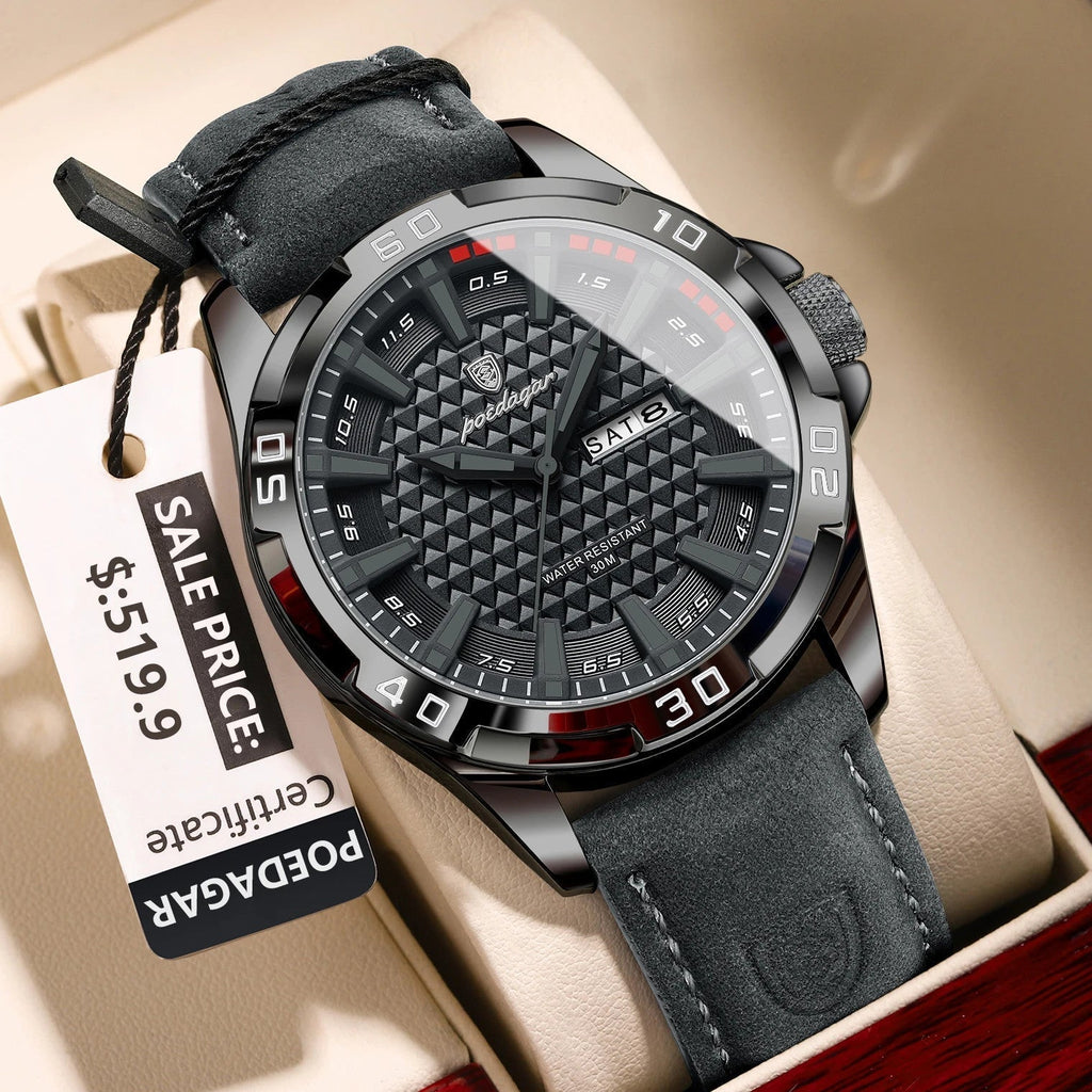 POEDAGAR 895 men's leather sports watch with black dial and grey suede strap, front view