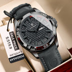 POEDAGAR 895 men's leather sports watch with black dial and grey suede strap, front view