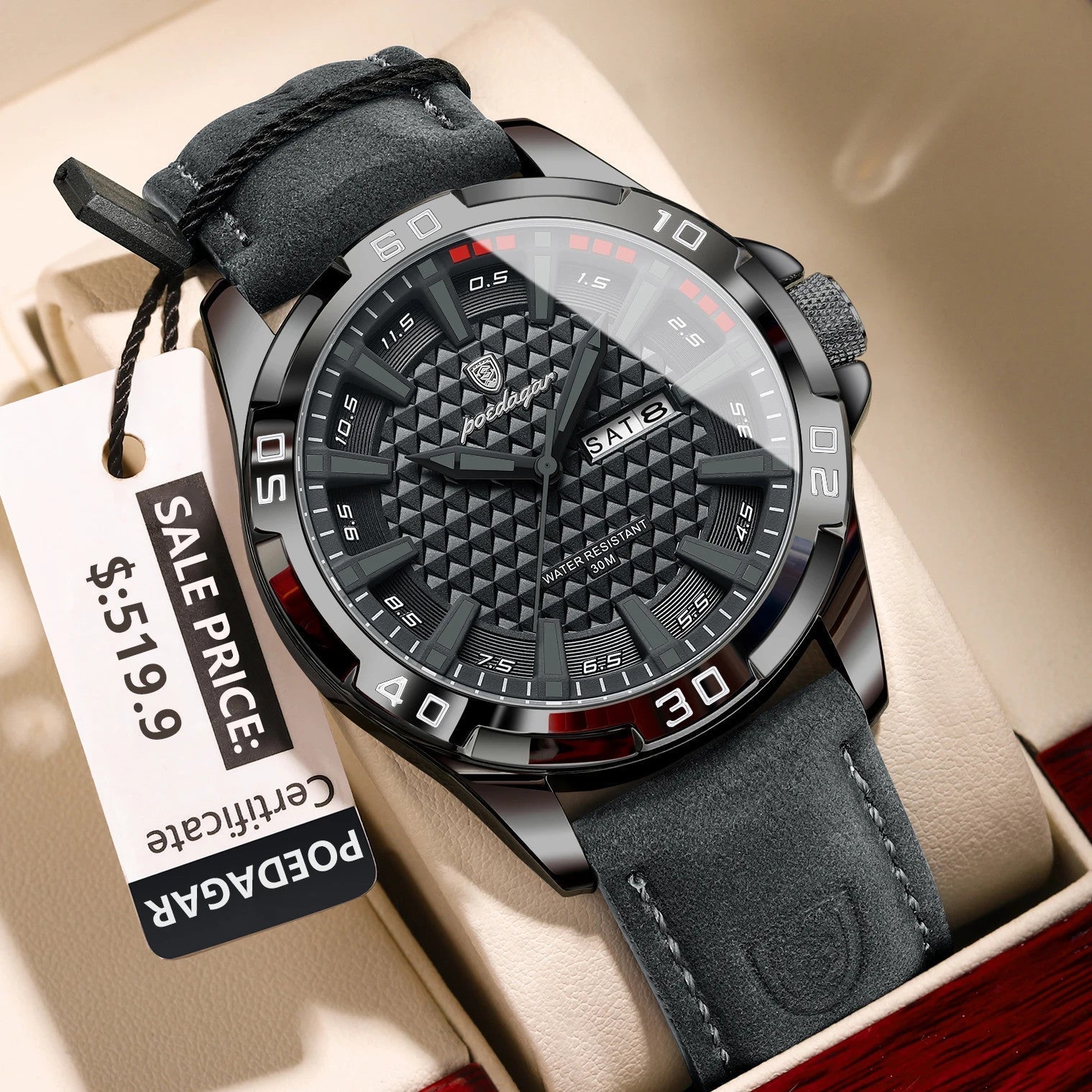 POEDAGAR 895 men's leather sports watch with black dial and grey suede strap, front view