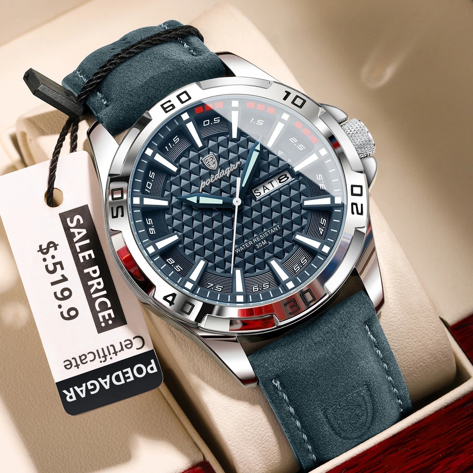 POEDAGAR 895 men's leather quartz sports watch with blue textured dial and blue leather strap, angled view