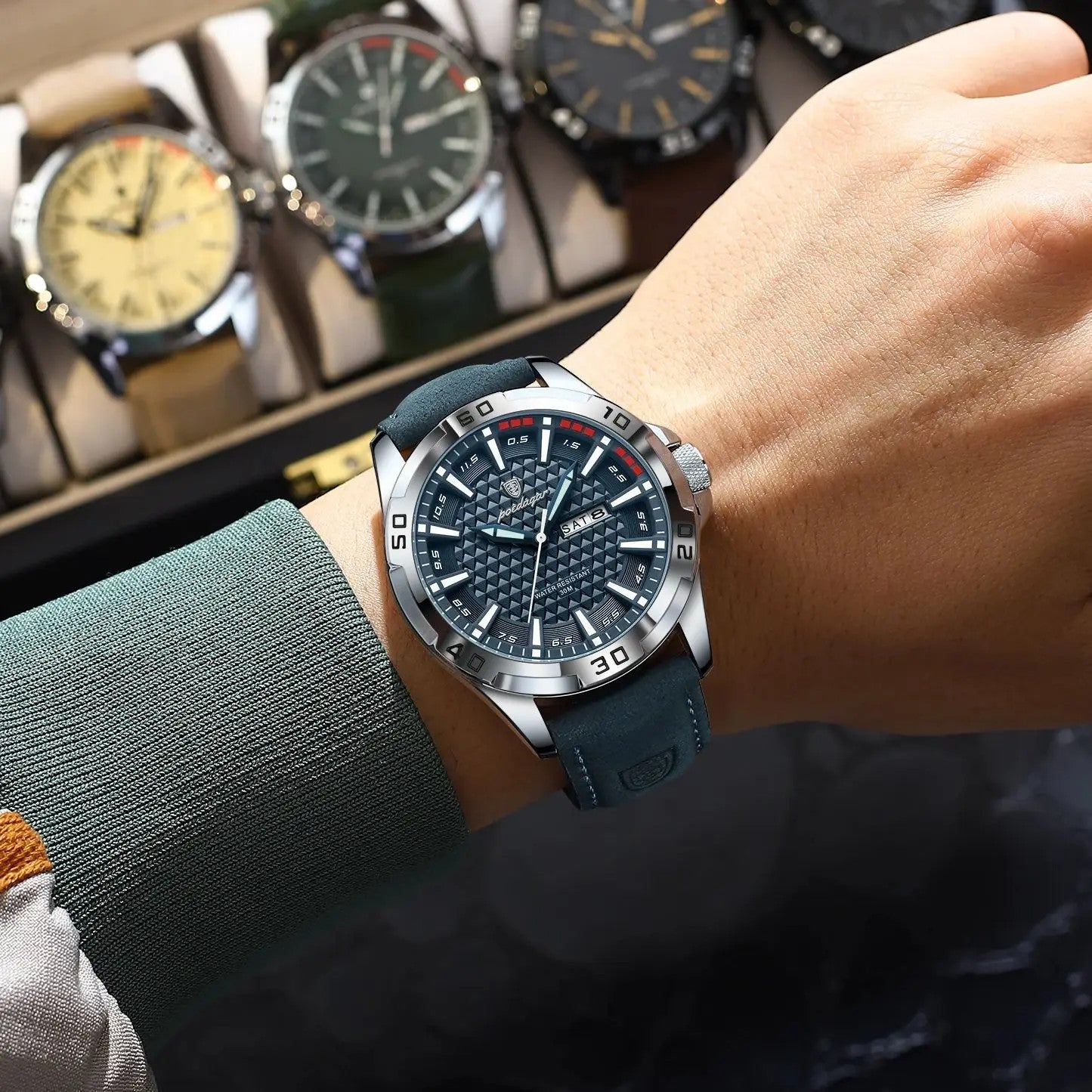 POEDAGAR 895 men's leather sports watch with blue dial and blue leather strap worn on wrist