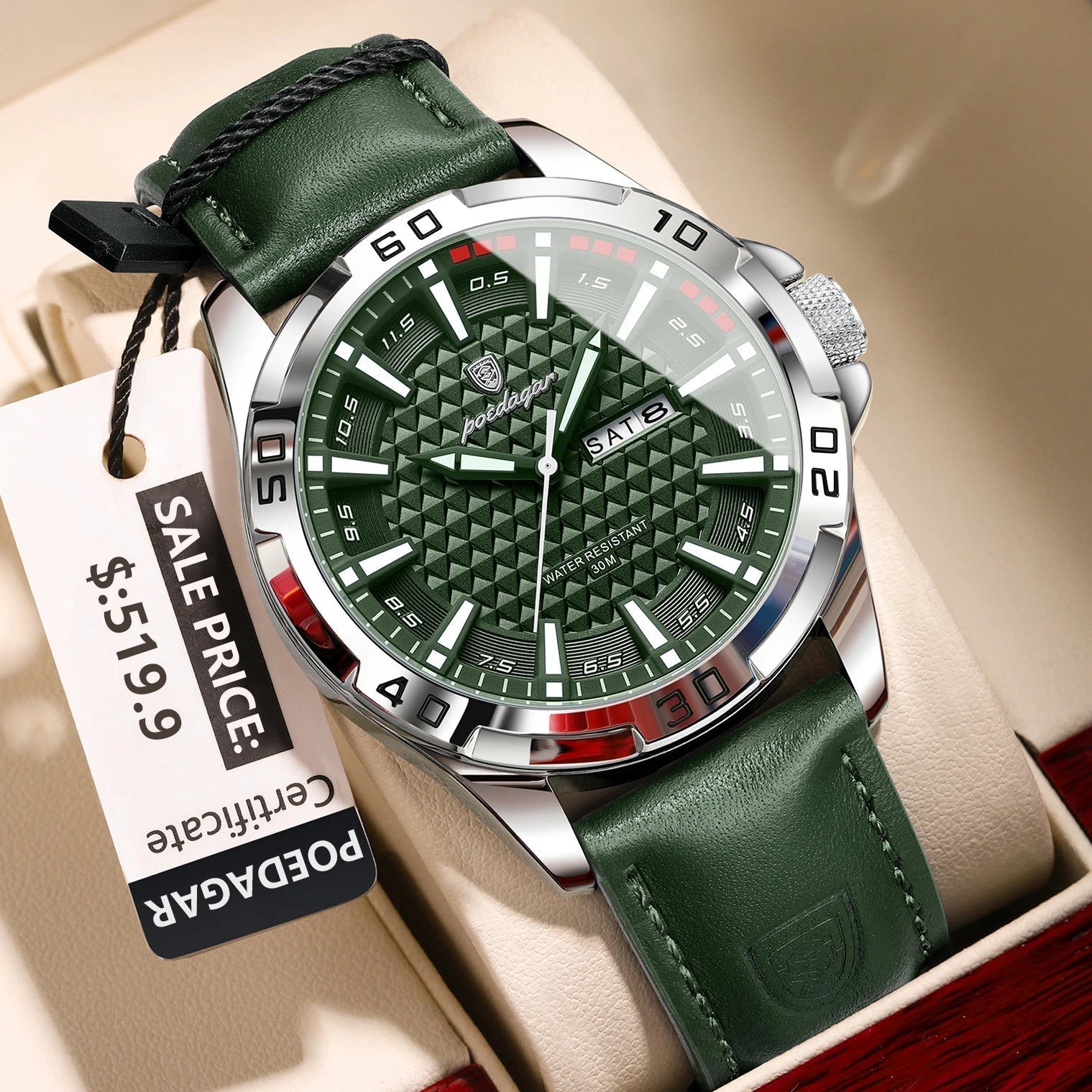 POEDAGAR 895 men's leather sports watch with green dial and green leather strap, front view