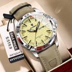 POEDAGAR 895 men's leather sports watch with yellow dial and tan leather strap, front view