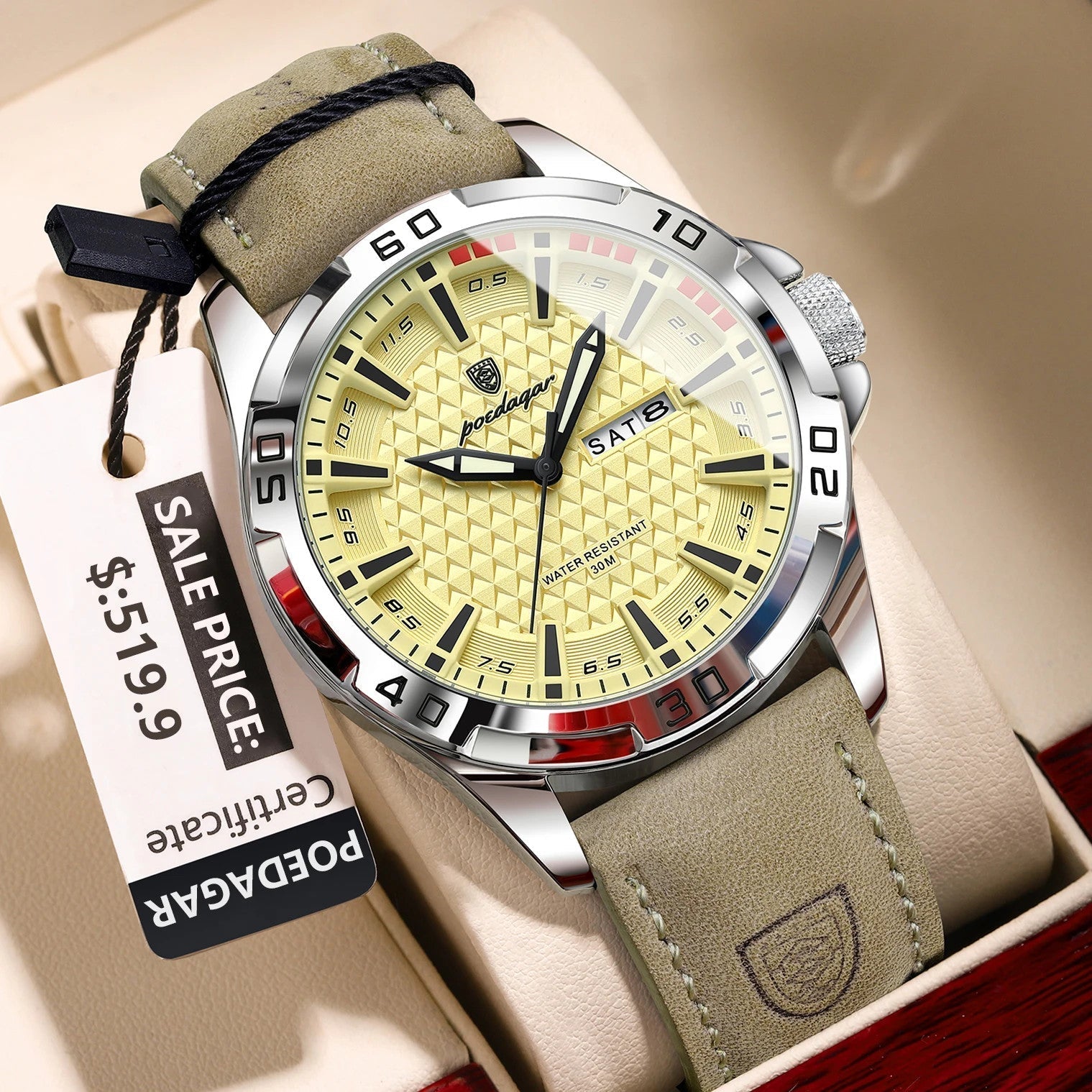 POEDAGAR 895 men's leather sports watch with yellow dial and tan leather strap, front view