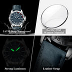 POEDAGAR 895 sports watch features graphic with blue dial, leather strap and luminous hands
