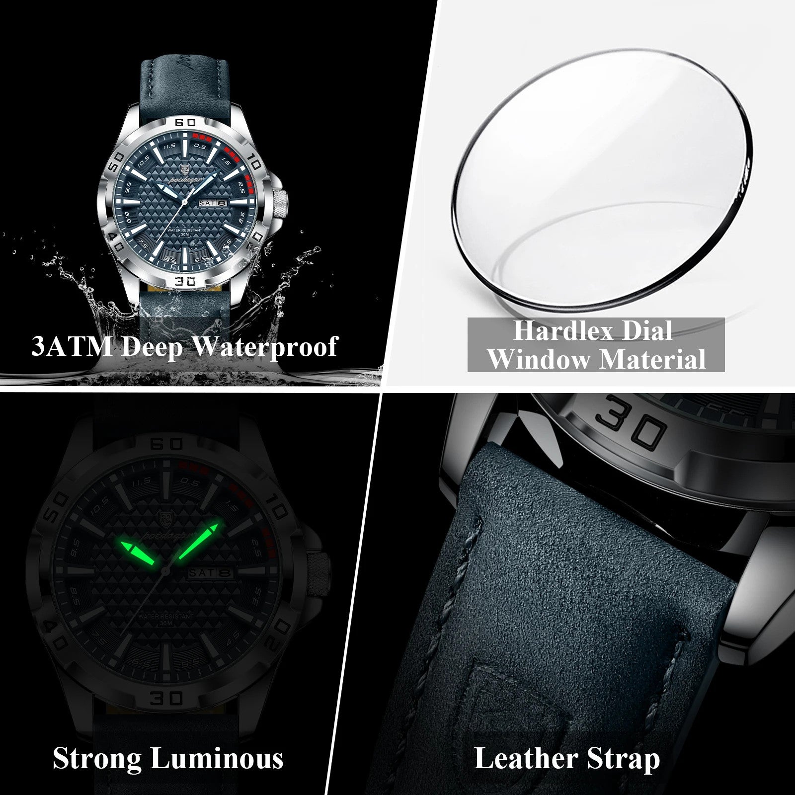 POEDAGAR 895 sports watch features graphic with blue dial, leather strap and luminous hands
