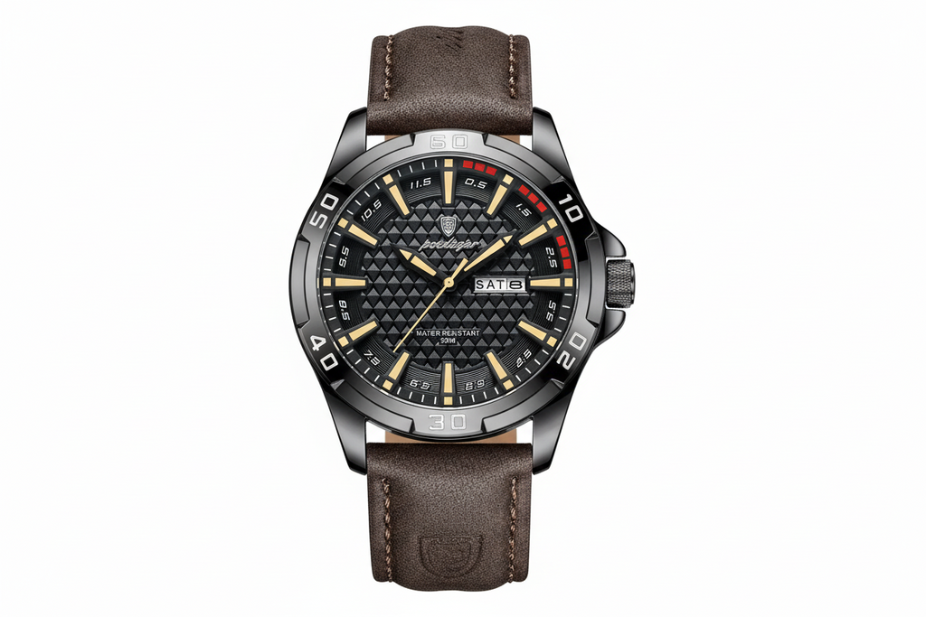 POEDAGAR 895 sports quartz watch with black dial, gunmetal case and brown leather strap front view