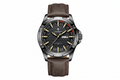 POEDAGAR 895 sports quartz watch with black dial, gunmetal case and brown leather strap front view
