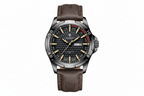POEDAGAR 895 sports quartz watch with black dial, gunmetal case and brown leather strap front view