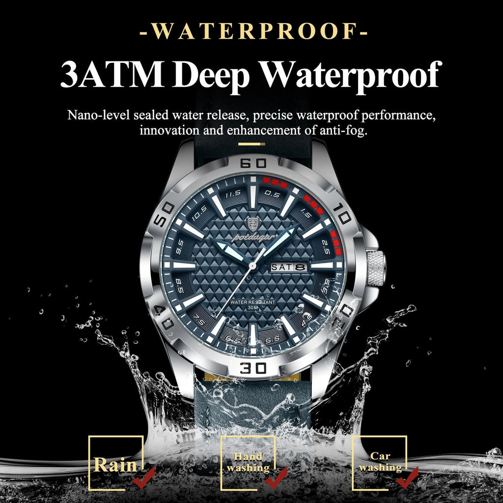 POEDAGAR 895 sports watch waterproof feature graphic with blue dial and leather strap