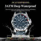 POEDAGAR 895 sports watch waterproof feature graphic with blue dial and leather strap