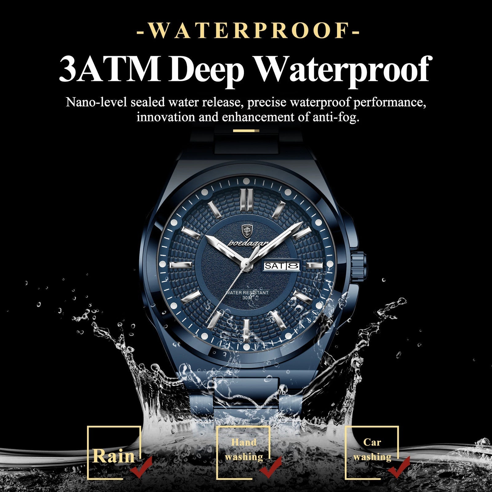 POEDAGAR 896 quartz watch waterproof 3ATM specification graphic with blue dial