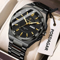 POEDAGAR 896 sport quartz watch with black dial gold indices and black steel bracelet, angle view