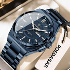 POEDAGAR 896 sport quartz watch with blue dial and matching blue steel bracelet, detail view