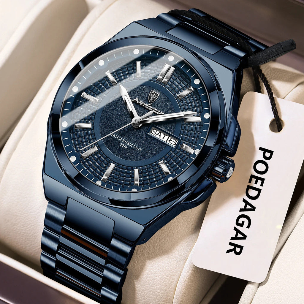 POEDAGAR 896 sport quartz watch with blue dial and blue steel bracelet, angle view