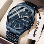 POEDAGAR 896 sport quartz watch with blue dial and blue steel bracelet, angle view