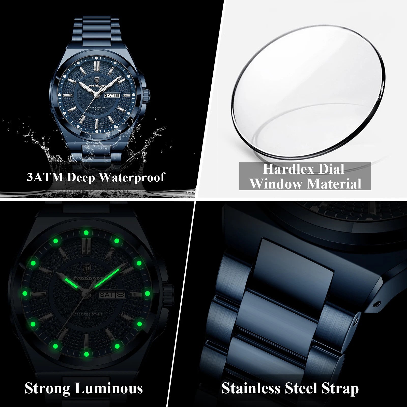 POEDAGAR 896 men's sport quartz watch features specifications waterproof Hardlex luminous steel strap