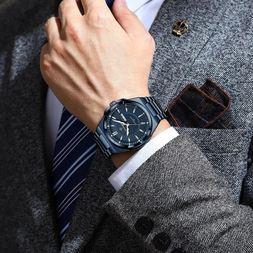 POEDAGAR 896 men's sport quartz watch with blue dial worn on wrist while adjusting striped tie