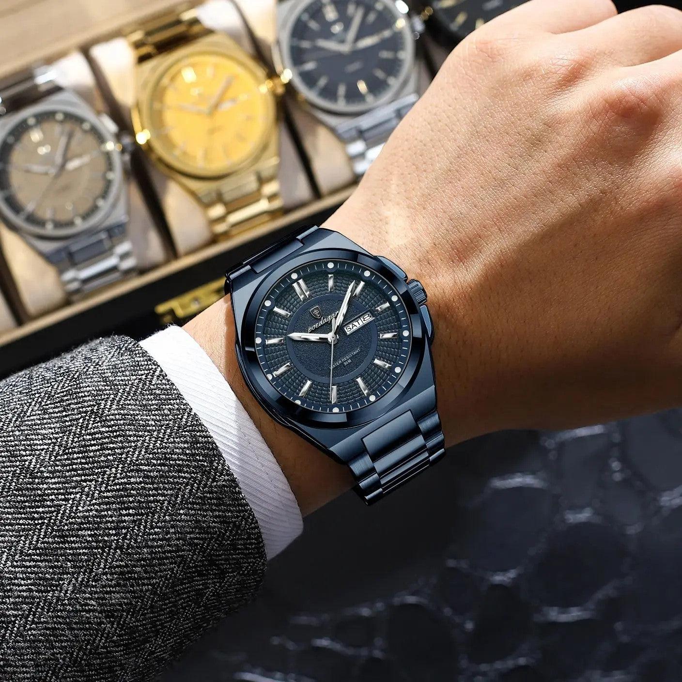 POEDAGAR 896 men's sport quartz watch with blue dial and blue steel bracelet worn on wrist