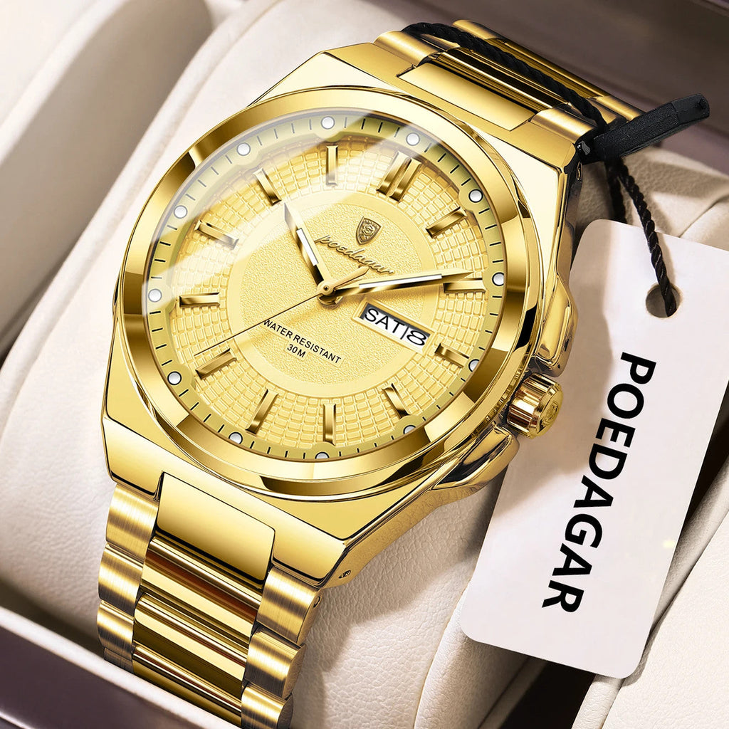 POEDAGAR 896 sport quartz watch with gold dial and gold steel bracelet, angle view