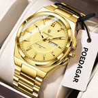 POEDAGAR 896 sport quartz watch with gold dial and gold steel bracelet, angle view