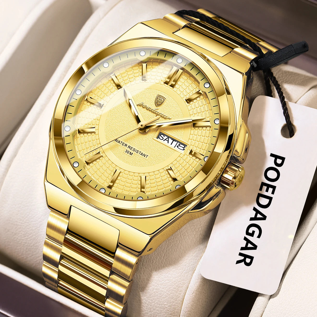POEDAGAR 896 sport quartz watch with gold dial and gold steel bracelet, angle view