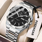 POEDAGAR 896 sport quartz watch with black dial and silver steel bracelet, angle view