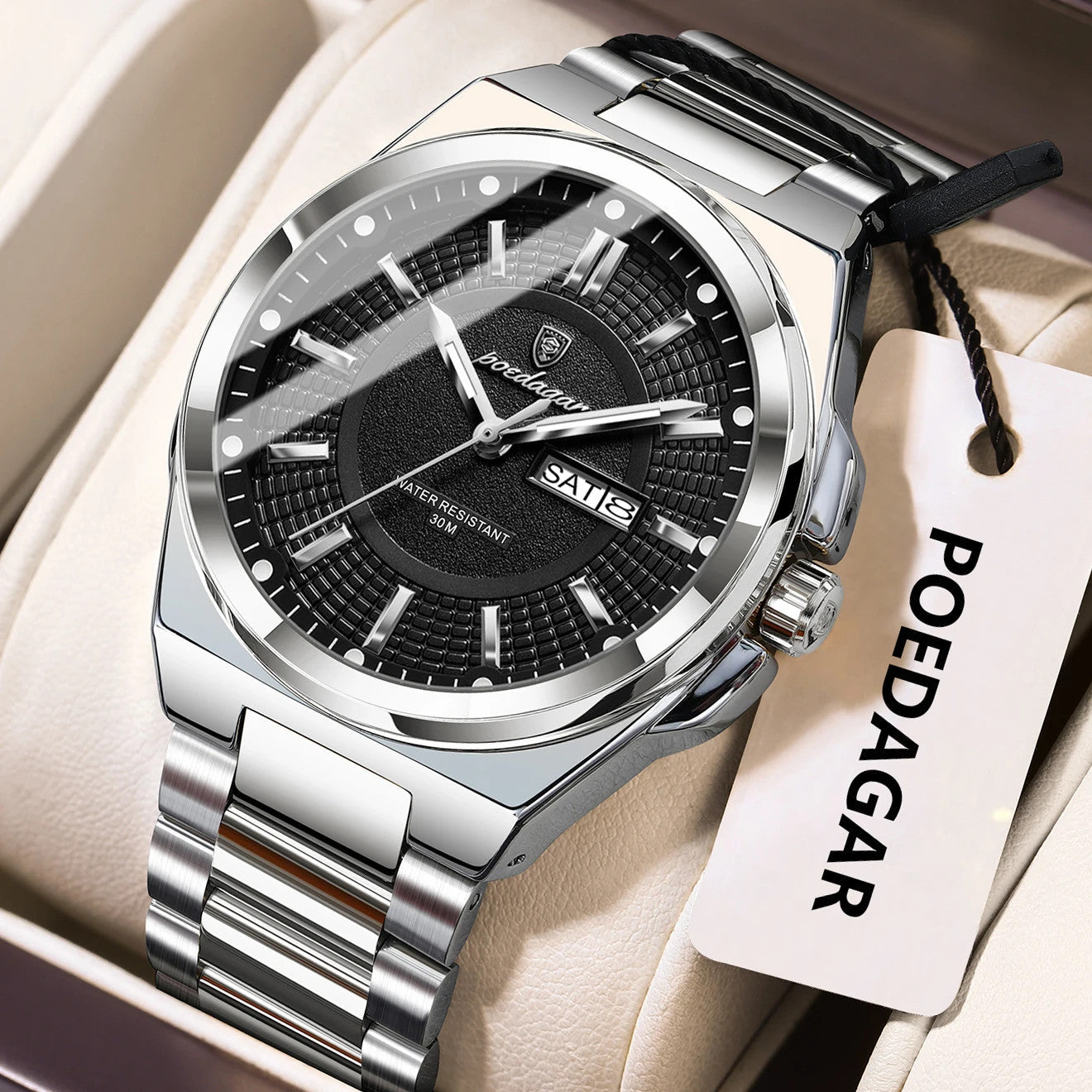 POEDAGAR 896 sport quartz watch with black dial and silver steel bracelet, angle view