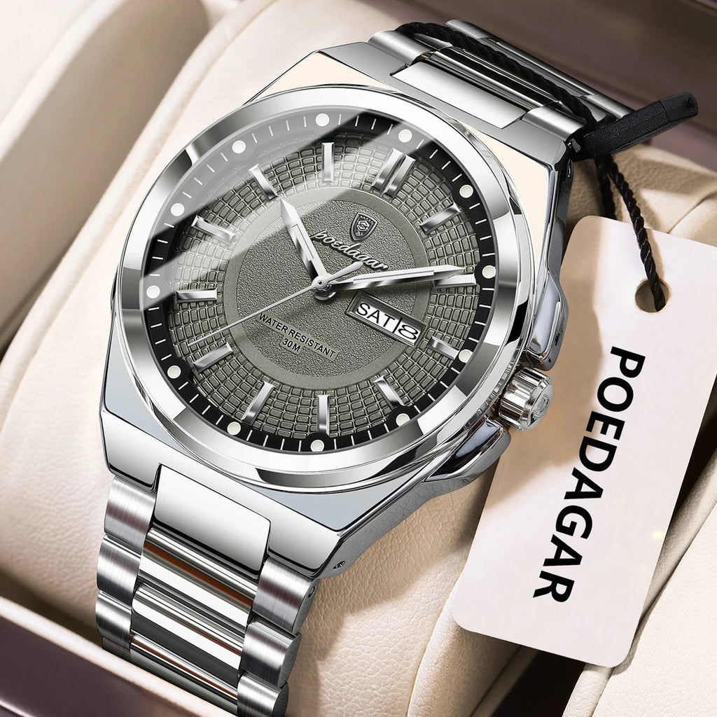 POEDAGAR 896 sport quartz watch with grey textured dial and silver steel bracelet, angle view