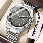 POEDAGAR 896 sport quartz watch with grey textured dial and silver steel bracelet, angle view
