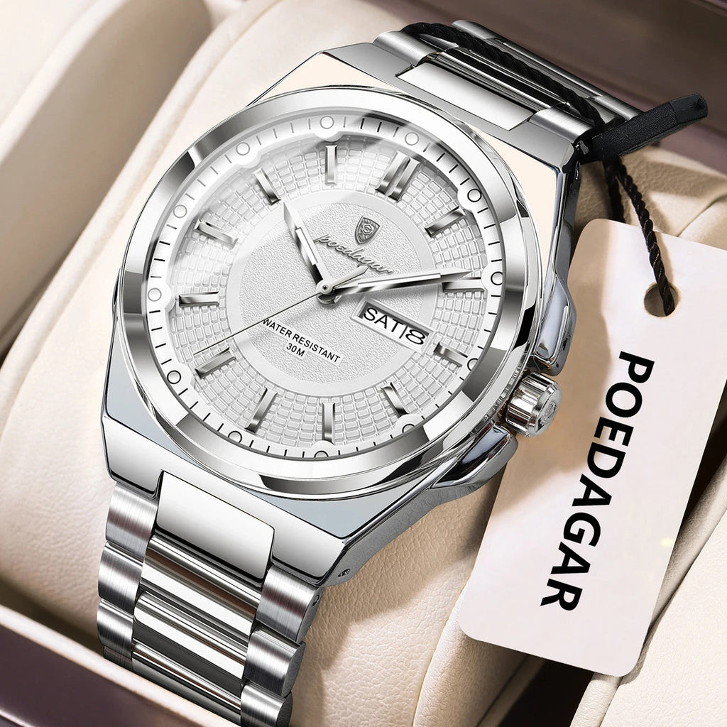 POEDAGAR 896 sport quartz watch with white dial and silver steel bracelet, angle view