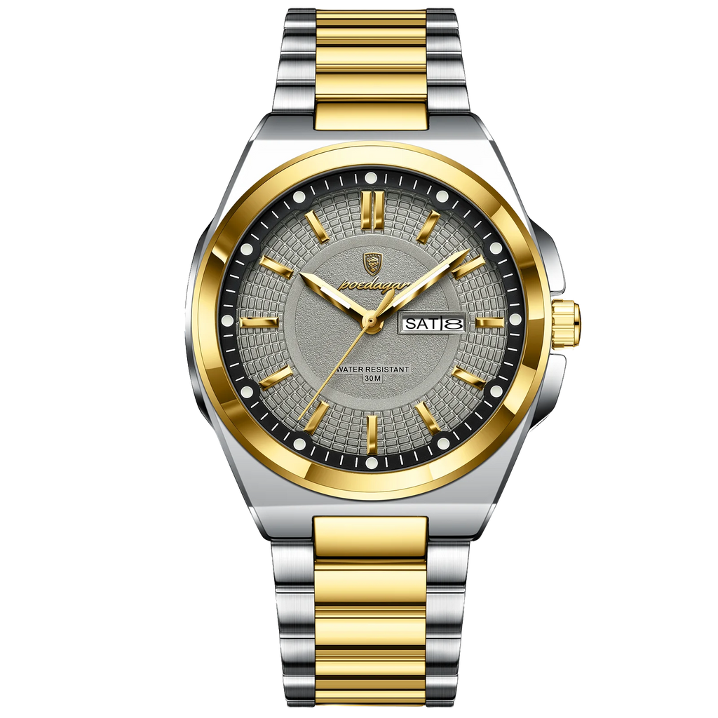 POEDAGAR 896 sport quartz watch with white dial and two-tone silver gold bracelet, front view