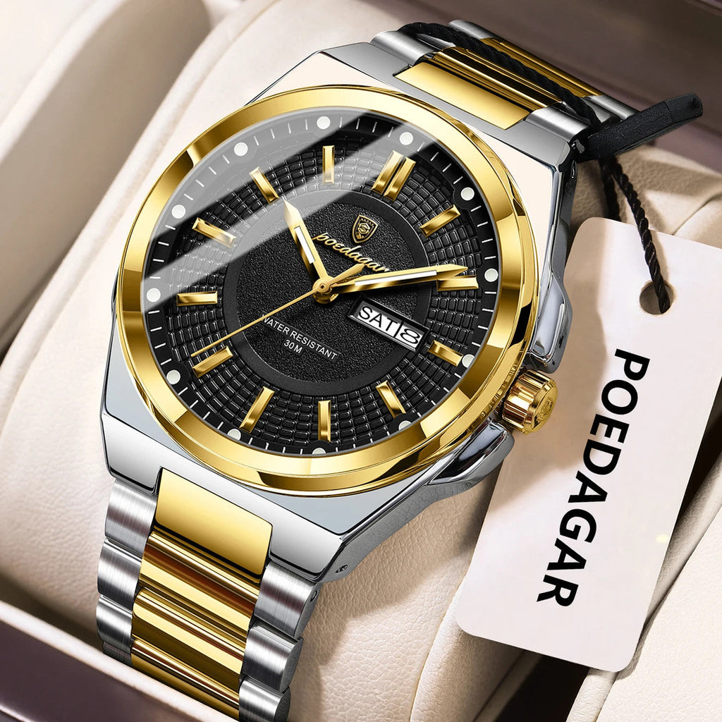 POEDAGAR 896 sport quartz watch with black dial and two-tone silver gold bracelet, angle view