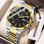 POEDAGAR 896 sport quartz watch with black dial and two-tone silver gold bracelet, angle view