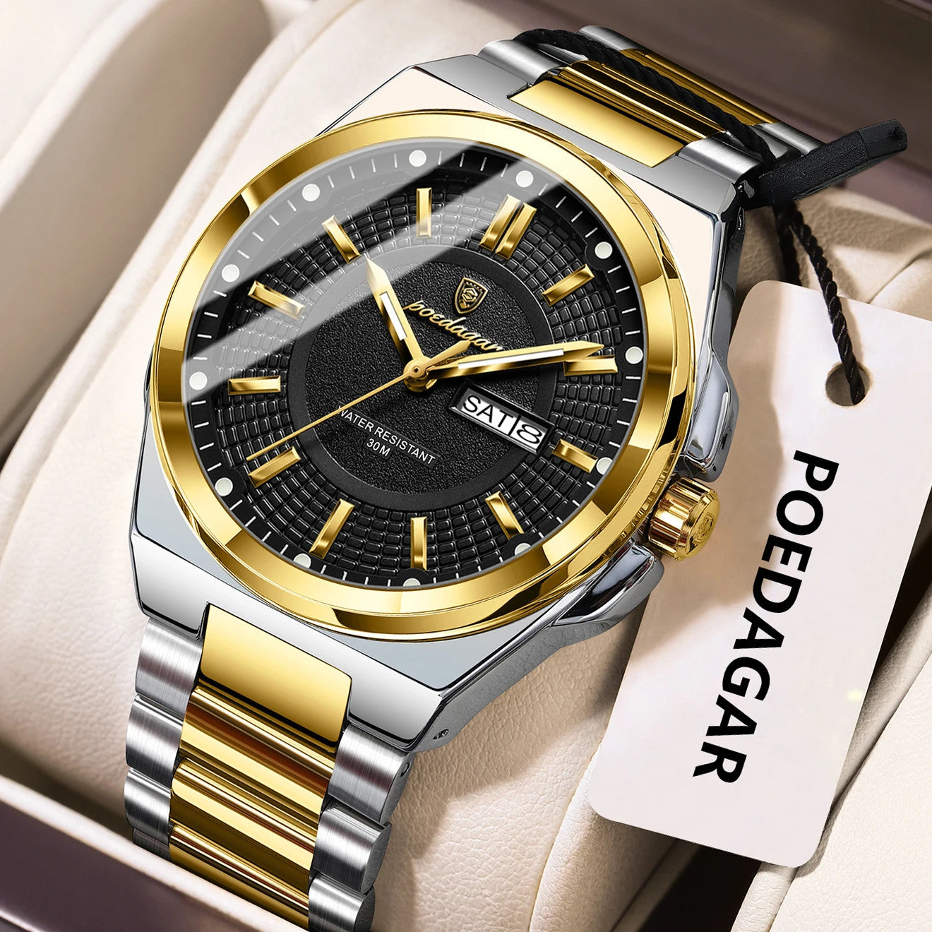 POEDAGAR 896 sport quartz watch with black dial and two-tone silver gold bracelet, angle view